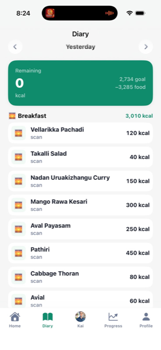 CaloriSync diary showing Indian meals like Vellarikka Pachadi, Takalli Salad, Nadan Uruakizhangu Curry logged from scans