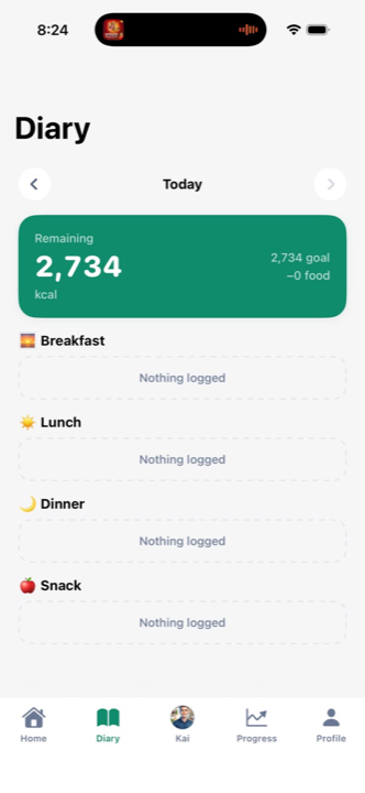 CaloriSync home screen showing daily calorie target, macros, and meal logging options