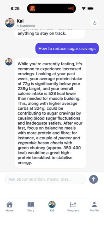 Kai, the AI nutrition coach, replying with a personalized recommendation about sugar cravings and protein-rich breakfast