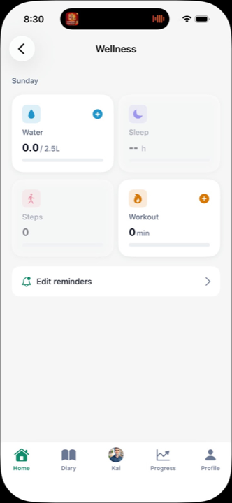 Weekly report screen showing 6 of 7 days logged, 86 percent on-track, and daily calorie bar chart
